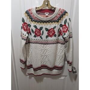 Mossimo Cable Knit Grandma Cottagecore Sweater White Floral Red Rose Size M